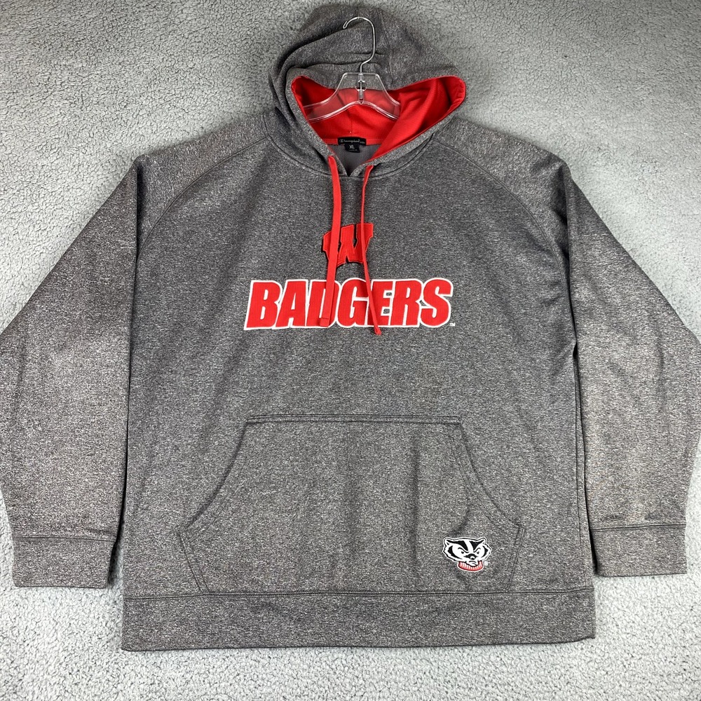 Wisconsin Badgers Sweatshirt Mens XL Gray Champion Hoodie Embroidered Elite Logo